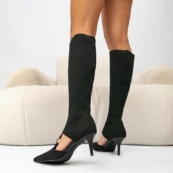 NEWBELLA Mousse Fit Pointed Toe Black Stiletto Breathable Sock High Boots - Picture 4 of 7